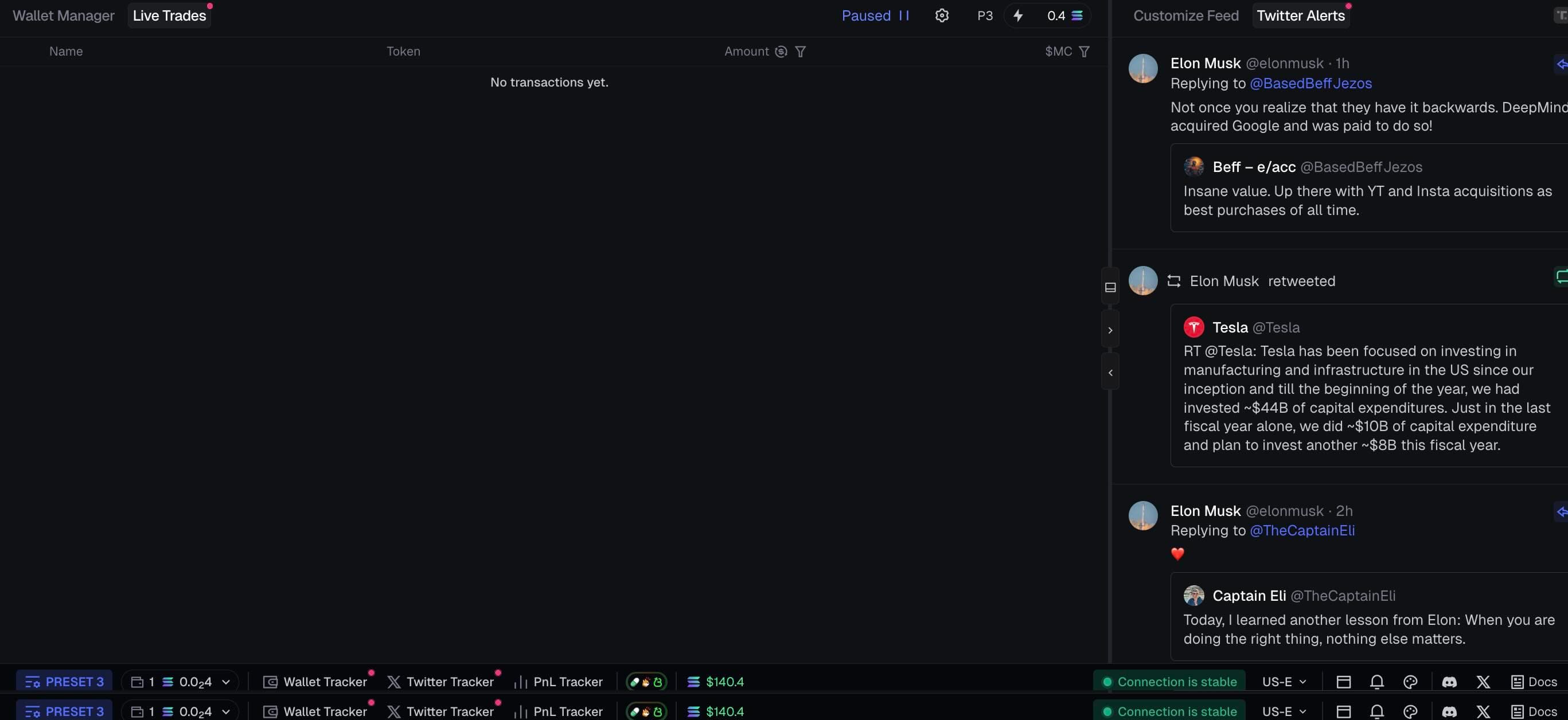 Telegram command interface showing live deploy snipes and tracked wallet activity